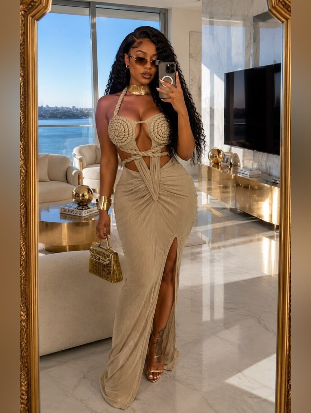 Braided Halter Cutout Maxi Dress in Beige